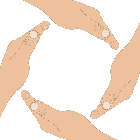 Abstraction which depicts four human hands on a white background for designers for various necessities.の写真素材