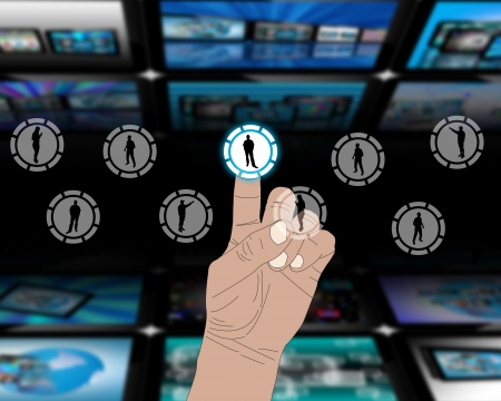 The interface in the form of buttons with silhouettes of people, and one of these buttons pressed a finger of a human hand.の写真素材