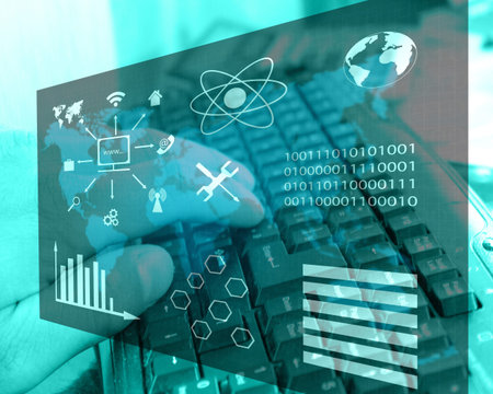 Collage of many different images to the computer theme in virtual space.