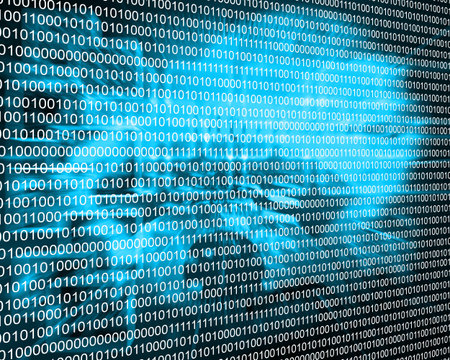 Composition, which depicts a computer abstraction in binary form in cyberspace.