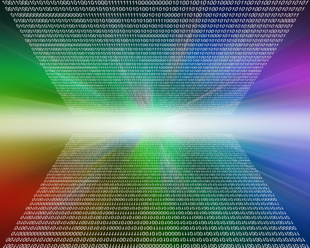 Composition, which depicts a computer abstraction in binary form in cyberspace.