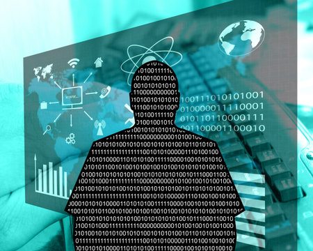 Abstract composition which depicts the silhouette of a man in the form of binary code.