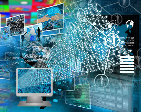 Computer monitor from which flies in space binary code.の写真素材