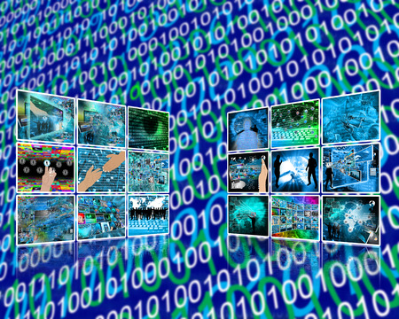 Two walls composed of different images on the theme of high technology.の写真素材