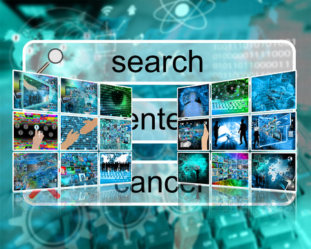 Two walls composed of different images on the theme of high technology.の写真素材