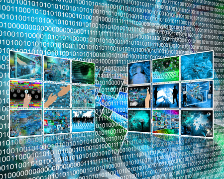 Two walls composed of different images on the theme of high technology.の写真素材