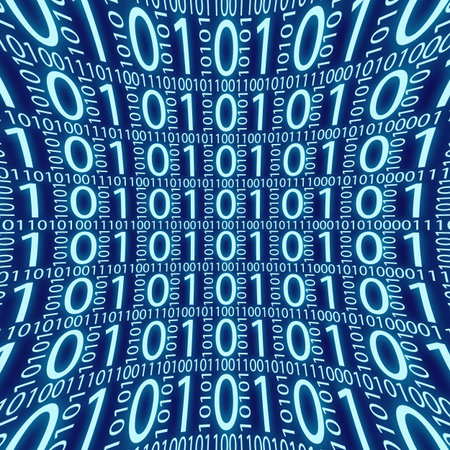 Composition, which depicts a computer abstraction in binary form in cyberspace.