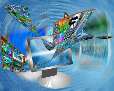 Abstract composition which shows a variety of different images on the theme of computers and high...
