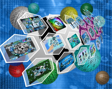 Abstract composition which shows a variety of different images on the theme of computers and high technology.の写真素材