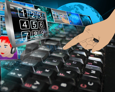 Abstract background image made up of a computer keyboard, human hand and binary code.