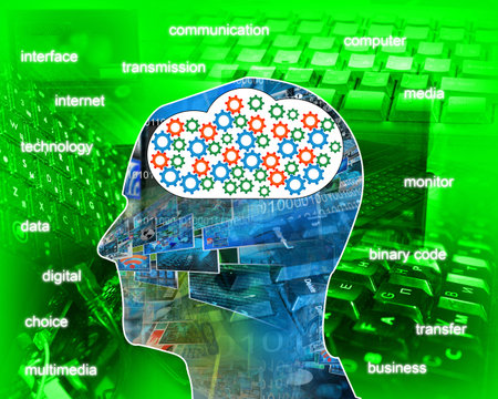 A man collects a variety of information in his head, which is obtained from the Internet.