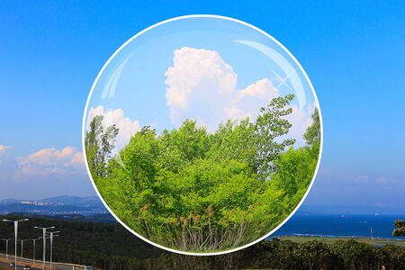 Photo which shows a panorama of nature, forests and fields.の写真素材