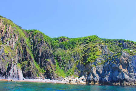 The photo depicts a small rock with vegetation.の写真素材