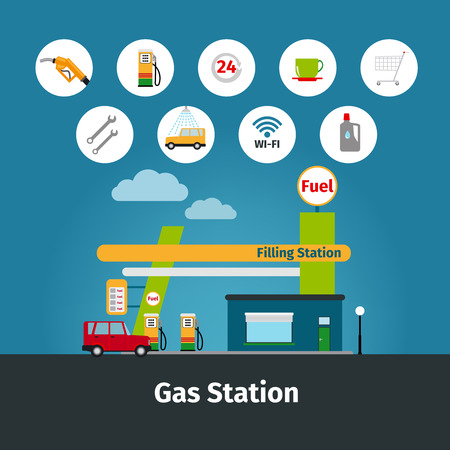 Gas station and fuel pump flat icons vector illustrationのイラスト素材