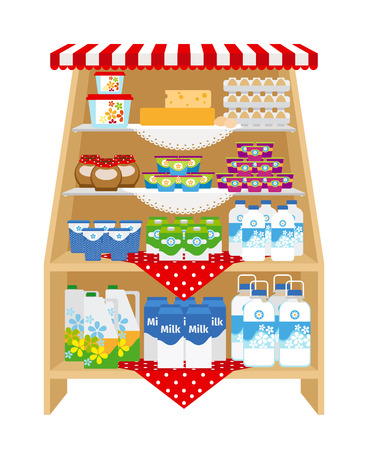 Dairy products on store shelves. Milk and yogurt, cheese and creamのイラスト素材