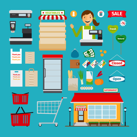 Supermarket icons. Store and shopping shelves, cart and basketのイラスト素材