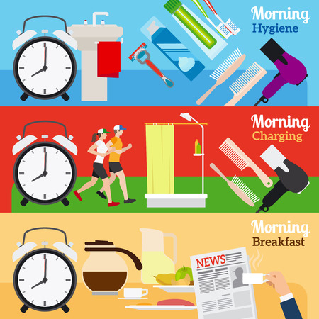 Good Morning New Day Banners. Fitness and shower, breakfast and morning newspaperのイラスト素材