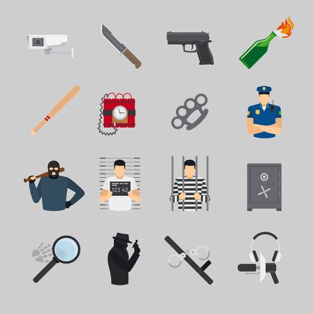 Crime icons in flat design. Offender and police, robbery and wantedのイラスト素材