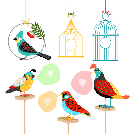Song birds with speech bubbles and birdcages. Colored vector bird iconsのイラスト素材