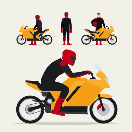 Biker with motorcycle in different poses flat vector illustration. Motorcyclist on motorbikeのイラスト素材