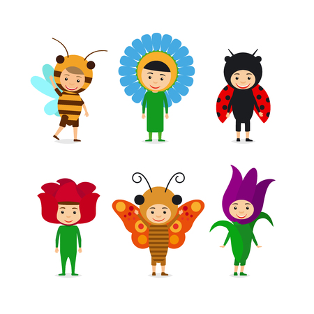 Kids in fancy insect and flower dresses. Vector children character setのイラスト素材