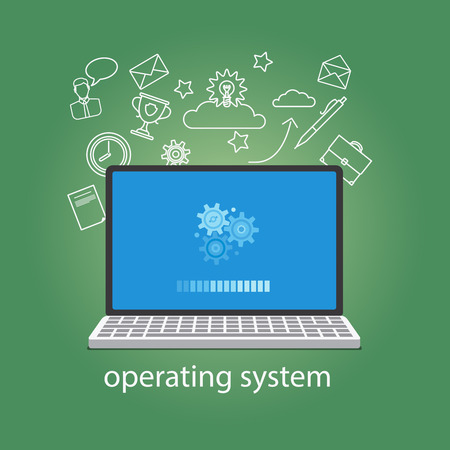 Operating system softwear. OS concept with laptop and gears. Vector illustration.のイラスト素材