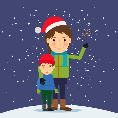 Happy winter time. Mom and son with fireworks. Christmas time. Vector illustration.のイラスト素材