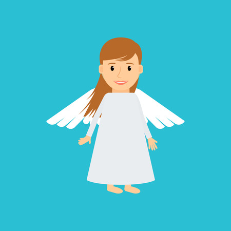 Little girl angel. Kids party white cute costume with wings. Vector illustrationのイラスト素材