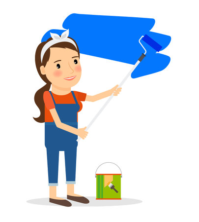Woman paint wall at home. Repair and decoration interior work. Vector illustration.のイラスト素材