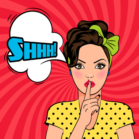 Vector pop art woman asking for silence with the finger on her lips. Shhh text in speech bubble.のイラスト素材