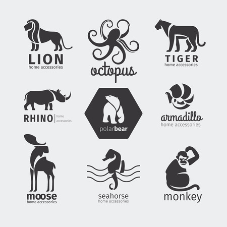 Black silhouette animals logos, emblems and labels set. Vector illustrationのイラスト素材