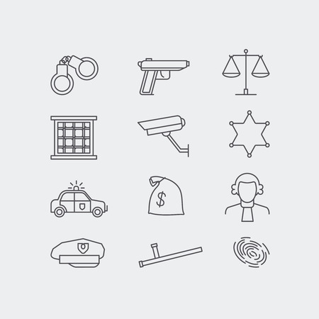 Crime and police line vector icons set. The legal system ,jale, police car and scalesのイラスト素材