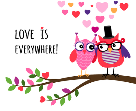Owl Happy Valentines Day. Owl couple in love, on the branch together. Vector illustrationのイラスト素材
