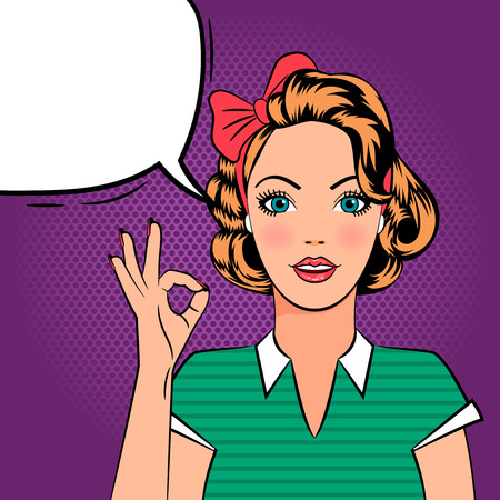 Pop art beautiful girl showing OK sign with speech bubble. Vector illustrationのイラスト素材