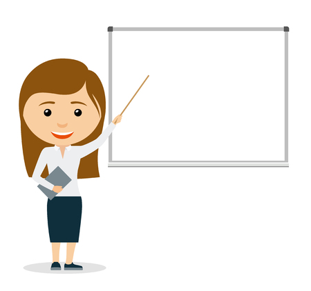Young business woman giving a presentation, pointing at whiteboard. Vector illustration.のイラスト素材