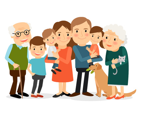 Happy family portrait. Father and mother, son and daughter, grandparents in one picture together. Vector illustration.