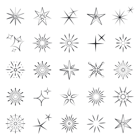 Sparkles, starbursts and fireworks. Black linear icons on white background. Vector illustrationのイラスト素材
