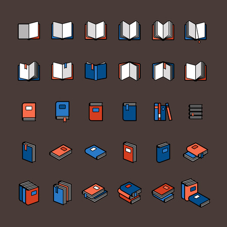 Book color icons in flat style. Blue and orange books on brown background. Vector illustrationのイラスト素材