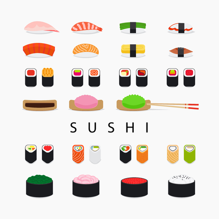 Japanese food sushi set. Colorful sushi and rolls flat icons on white background. Vector illustrationのイラスト素材