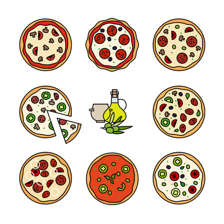 Pizza colorful line icons.  Different pizza for pizzeria menu. Vector illustrationのイラスト素材