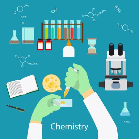 Science Experiment or chemistry laboratory concept icons on blue background. Vector illustrationのイラスト素材