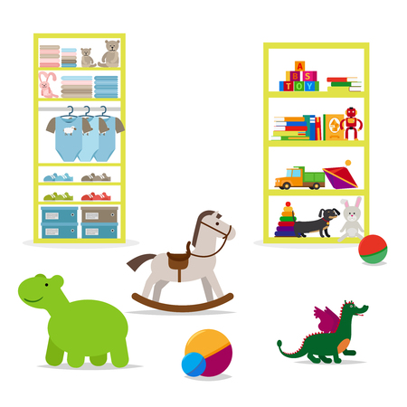 Children shop interior elements. Toys and children clothing on the shelves. iconsのイラスト素材