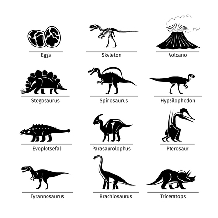 Dinosaur icons vector. Dinosaur egg and volcano, dinosaur skeleton and tyrannosaurus iconsのイラスト素材