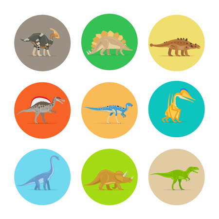 Dinosaurs flat colorful icons. Different types of dinosaurs in colored circles. Vector illustrationのイラスト素材