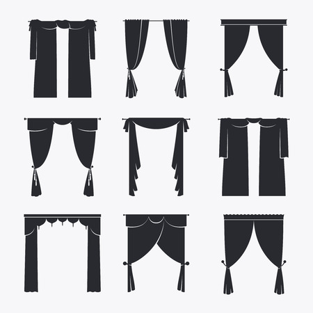 black curtain icons on white background. Interior design elementsのイラスト素材
