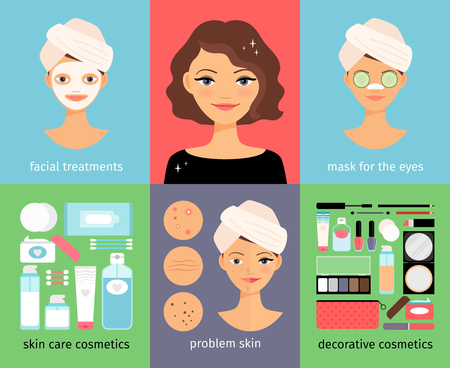 Woman facial treatments. Woman face cleaning vector chartのイラスト素材