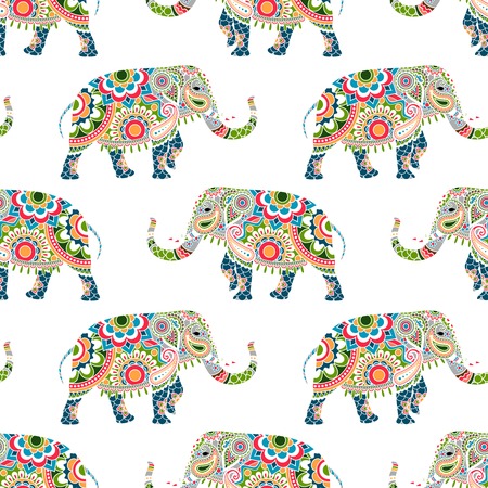 Seamless pattern of colorful elephants decorated mandala ornamentのイラスト素材