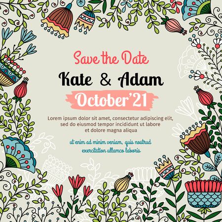 Save the date card. Floral doodle template with flowers and herbs for wedding invitation. Vector illustrationのイラスト素材