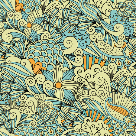 Pretty yellow and blue background made of geometric patterns and lovely floral designsのイラスト素材
