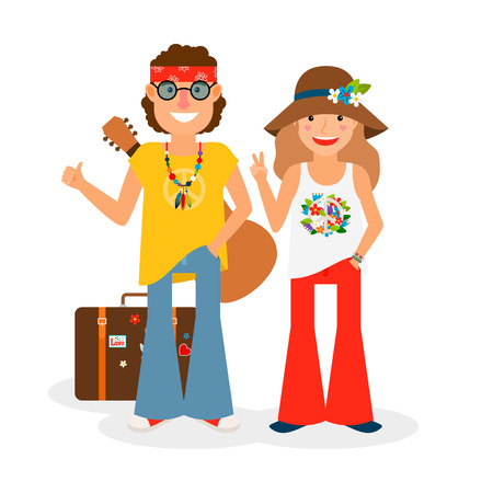 Hippie couple hitchhiking with guitar and suitcase. Vector colored icon on white backroundのイラスト素材